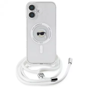 Karl Lagerfeld KLHMP16SHCKHNT iPhone 16 custodia rigida trasparente Crossbody IML Karl Head MagSafe