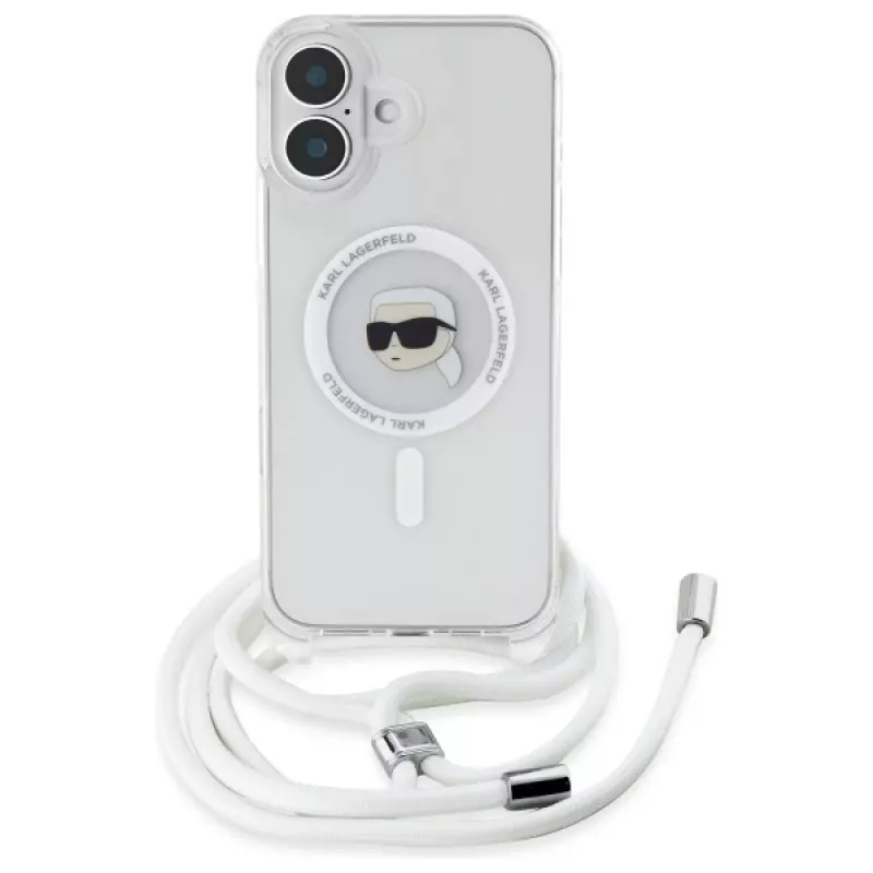 Karl Lagerfeld KLHMP16SHCKHNT iPhone 16 custodia rigida trasparente Crossbody IML Karl Head MagSafe