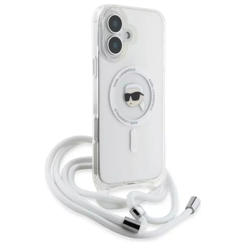 Karl Lagerfeld KLHMP16SHCKHNT iPhone 16 custodia rigida trasparente Crossbody IML Karl Head MagSafe