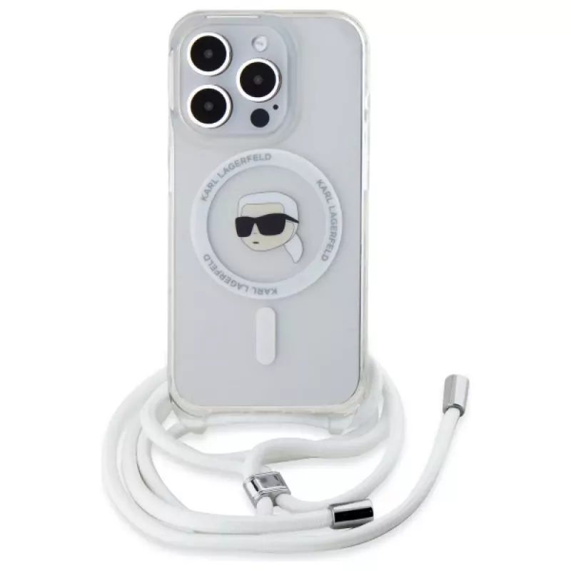 Karl Lagerfeld iPhone 16 Pro custodia rigida trasparente Crossbody IML Karl Head MagSafe