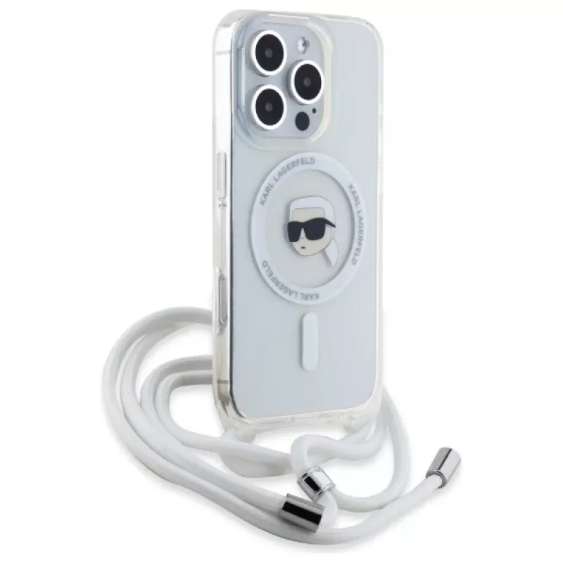 Karl Lagerfeld iPhone 16 Pro custodia rigida trasparente Crossbody IML Karl Head MagSafe