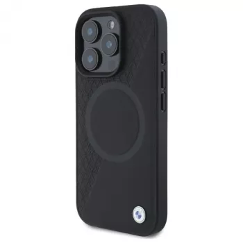 BMW Sign Leather Half Textured custodia rigida con Circle MagSafe per Apple iPhone 16 Pro Max 6,9