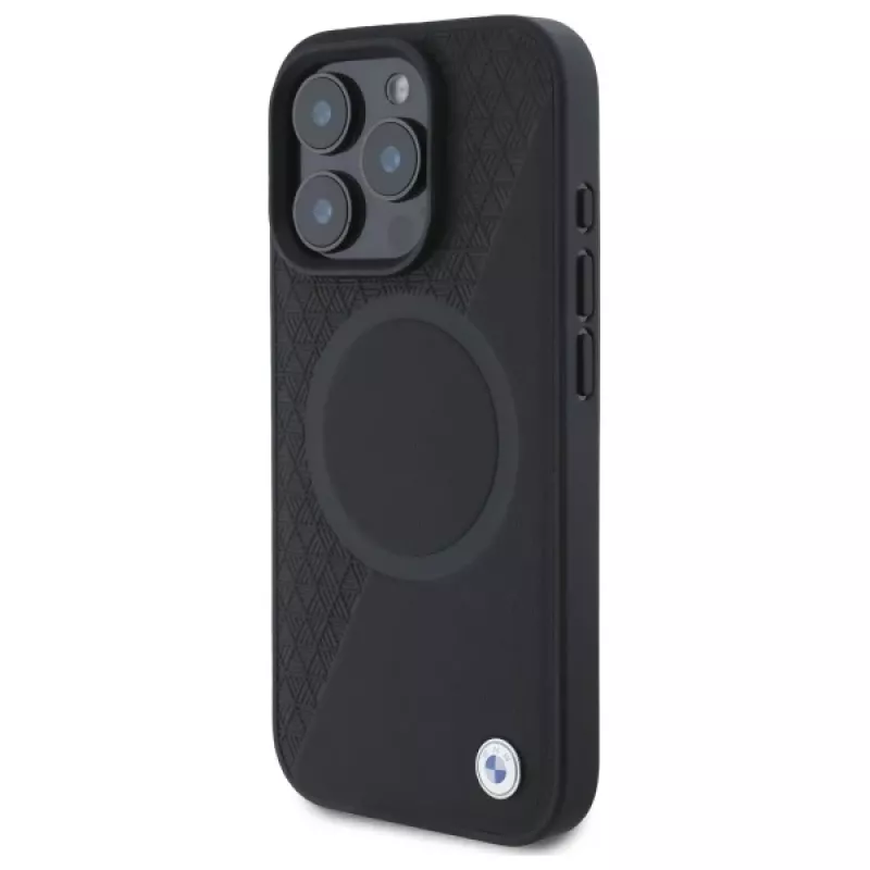 BMW Sign Leather Half Textured custodia rigida con Circle MagSafe per Apple iPhone 16 Pro Max 6,9