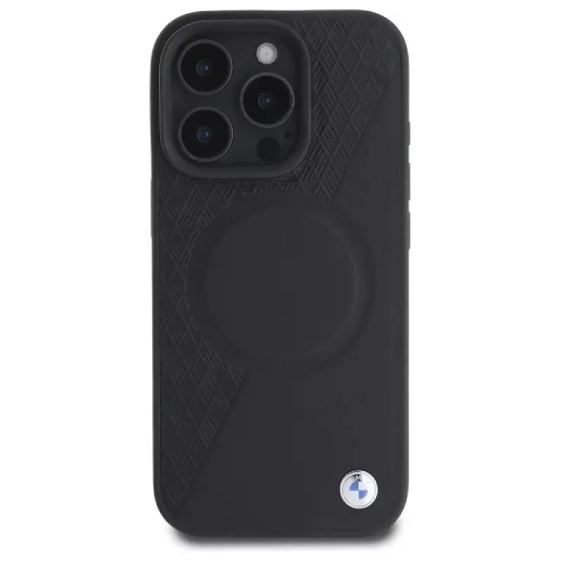 BMW Sign Leather Half Textured custodia rigida con Circle MagSafe per Apple iPhone 16 Pro Max 6,9
