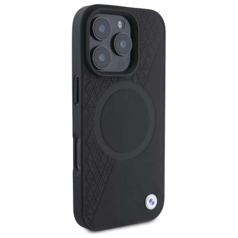 BMW Sign Leather Half Textured custodia rigida con Circle MagSafe per Apple iPhone 16 Pro Max 6,9