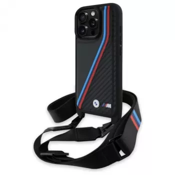 BMW M Edition Carbon Tricolor Lines & Strap Hard Case per iPhone 16 Pro 6.3 nero