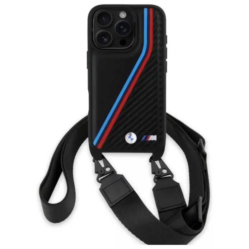 BMW M Edition Carbon Tricolor Lines & Strap Hard Case per iPhone 16 Pro 6.3 nero
