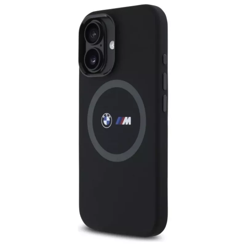 BMW M Collection custodia posteriore in silicone per Apple iPhone 16 6,1 inch nero con MagSafe e anello stampato