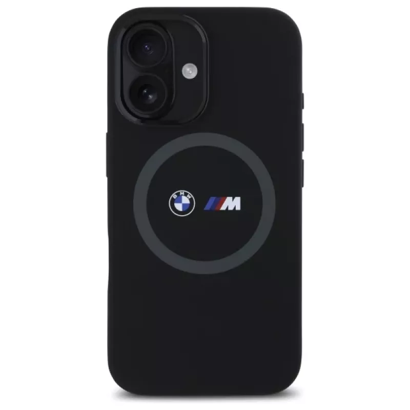 BMW M Collection custodia posteriore in silicone per Apple iPhone 16 6,1 inch nero con MagSafe e anello stampato