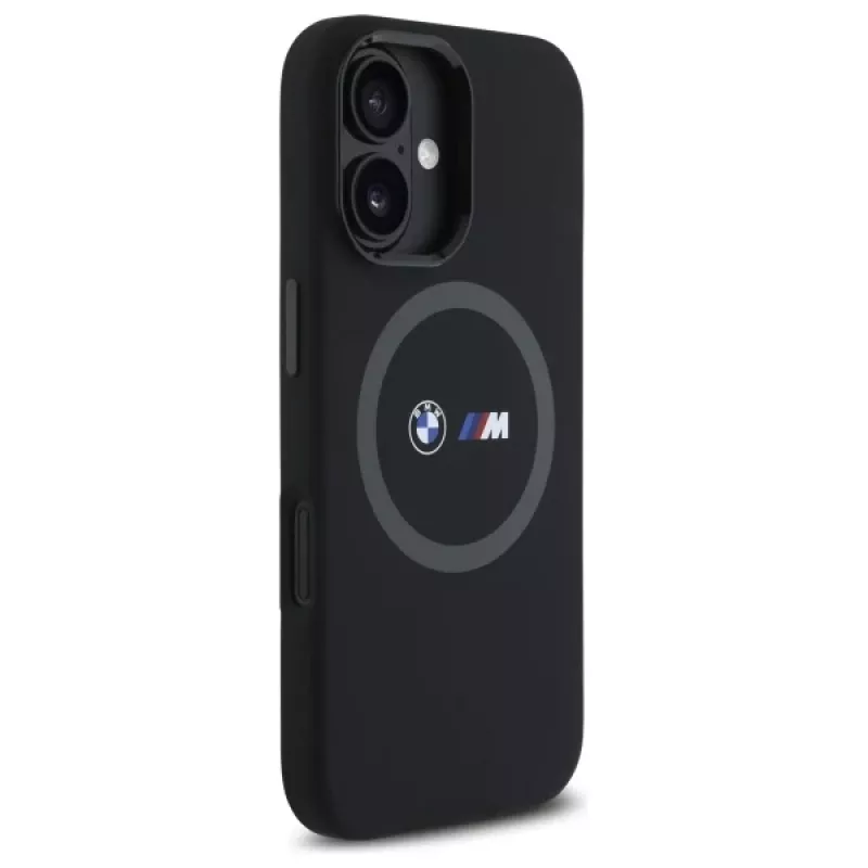 BMW M Collection custodia posteriore in silicone per Apple iPhone 16 6,1 inch nero con MagSafe e anello stampato
