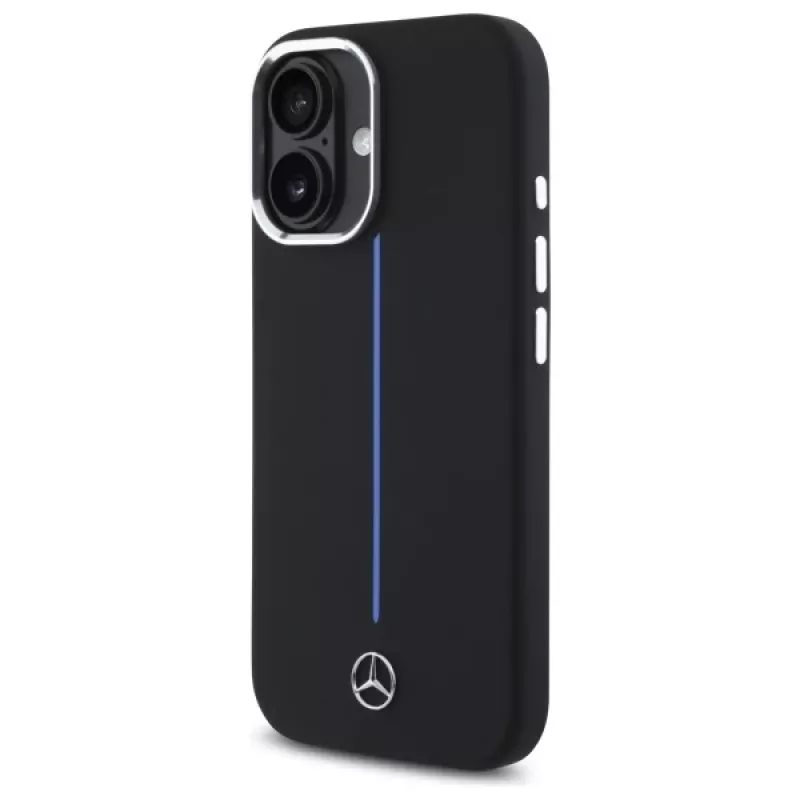 Mercedes-Benz MEHMP16S23SUMBK iPhone 16 6,1 inch custodia rigida in silicone nera con striscia blu MagSafe