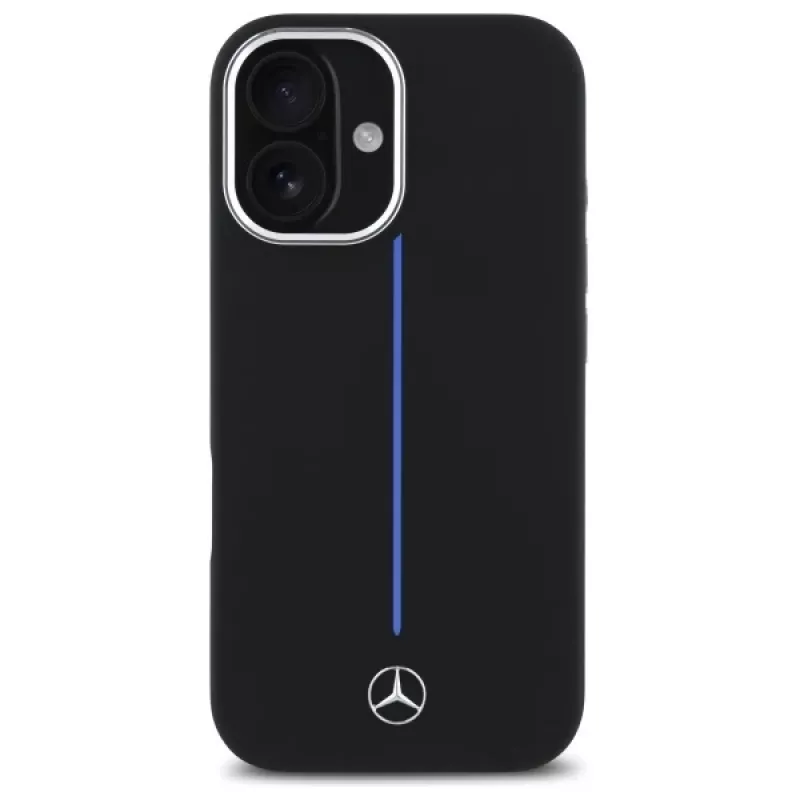 Mercedes-Benz MEHMP16S23SUMBK iPhone 16 6,1 inch custodia rigida in silicone nera con striscia blu MagSafe