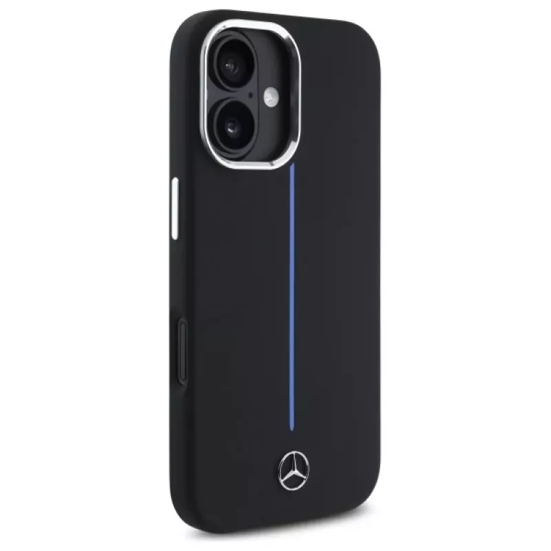 Mercedes-Benz MEHMP16S23SUMBK iPhone 16 6,1 inch custodia rigida in silicone nera con striscia blu MagSafe