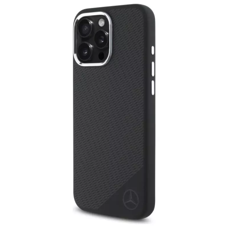 Mercedes-Benz iPhone 16 Pro 6,3 inch custodia rigida in silicone con logo tonale e motivo legno, MagSafe - nero