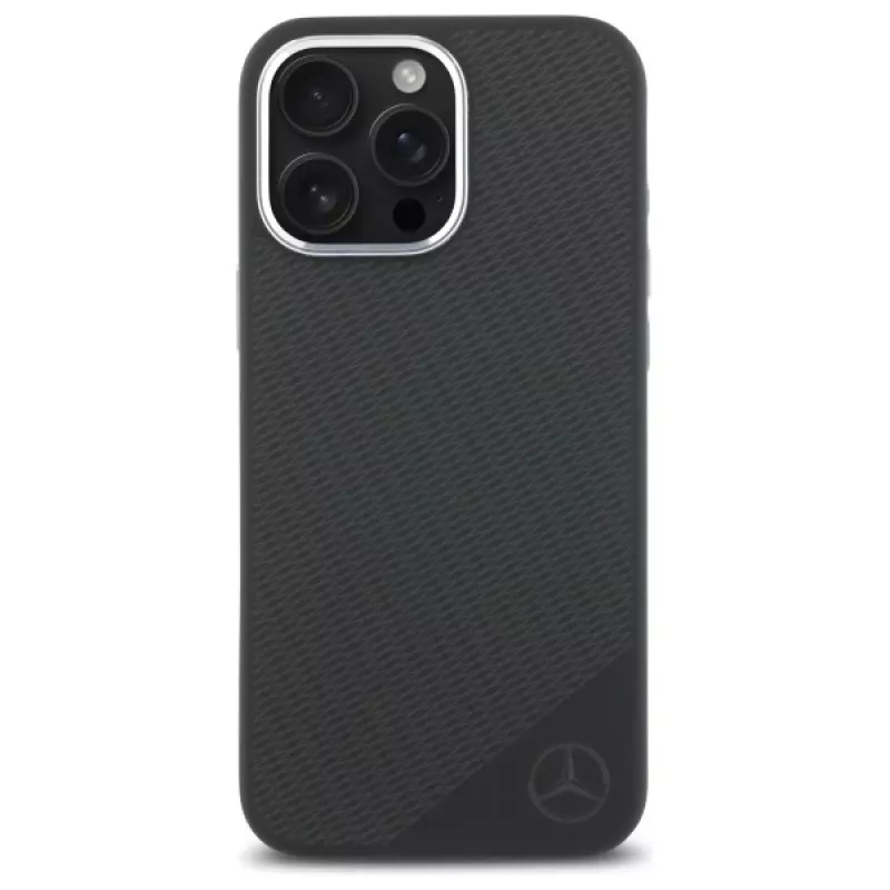 Mercedes-Benz iPhone 16 Pro 6,3 inch custodia rigida in silicone con logo tonale e motivo legno, MagSafe - nero
