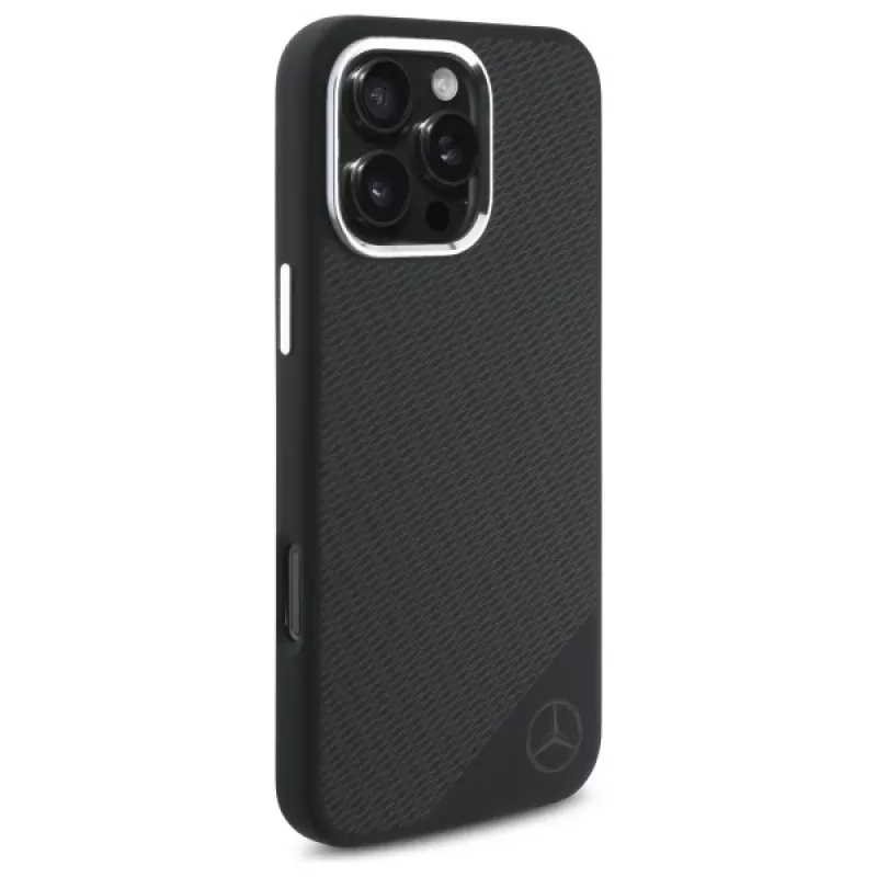 Mercedes-Benz iPhone 16 Pro 6,3 inch custodia rigida in silicone con logo tonale e motivo legno, MagSafe - nero
