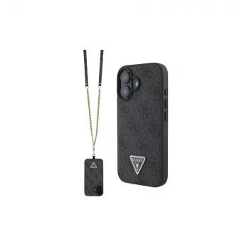Guess GUHCP16SP4TDSCPK iPhone 16 custodia rigida pelle logo metallo strass Crossbody nero