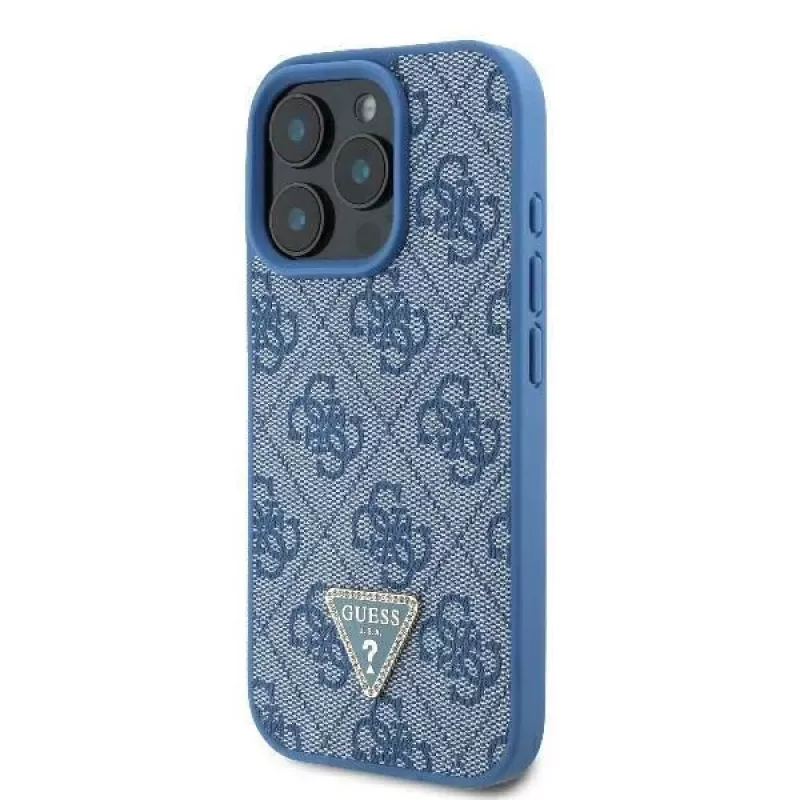 Guess GUHCP16LP4TDSCPB iPhone 16 Pro 6,3 inch blu custodia rigida in pelle con logo in metallo, strass e tracolla