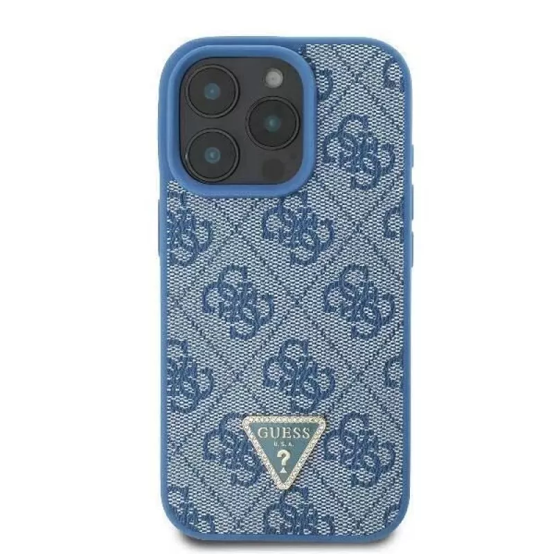 Guess GUHCP16LP4TDSCPB iPhone 16 Pro 6,3 inch blu custodia rigida in pelle con logo in metallo, strass e tracolla