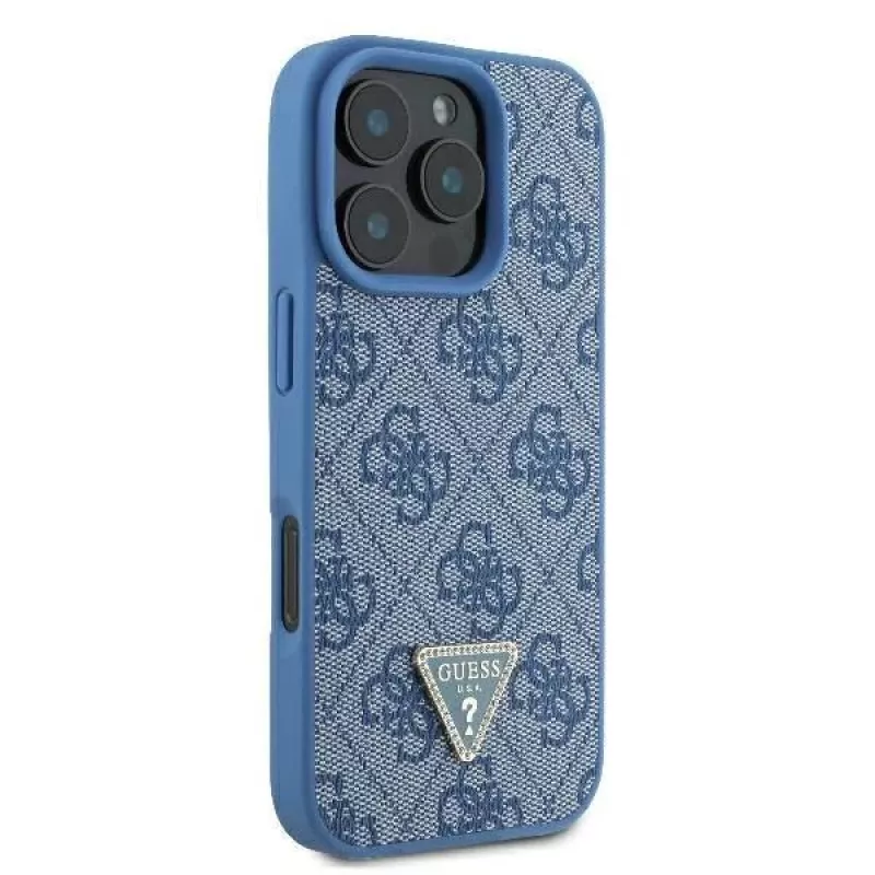Guess GUHCP16LP4TDSCPB iPhone 16 Pro 6,3 inch blu custodia rigida in pelle con logo in metallo, strass e tracolla