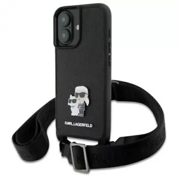 Karl Lagerfeld Saffiano Karl & Choupette Metal Pin CBDY Strap Custodia rigida per iPhone 16 6.1, nero
