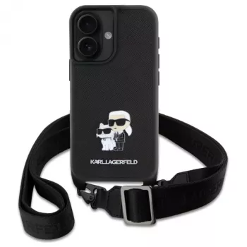 Karl Lagerfeld Saffiano Karl & Choupette Metal Pin CBDY Strap Custodia rigida per iPhone 16 6.1, nero