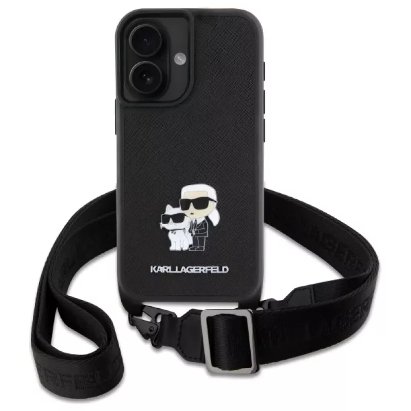 Karl Lagerfeld Saffiano Karl & Choupette Metal Pin CBDY Strap Custodia rigida per iPhone 16 6.1, nero