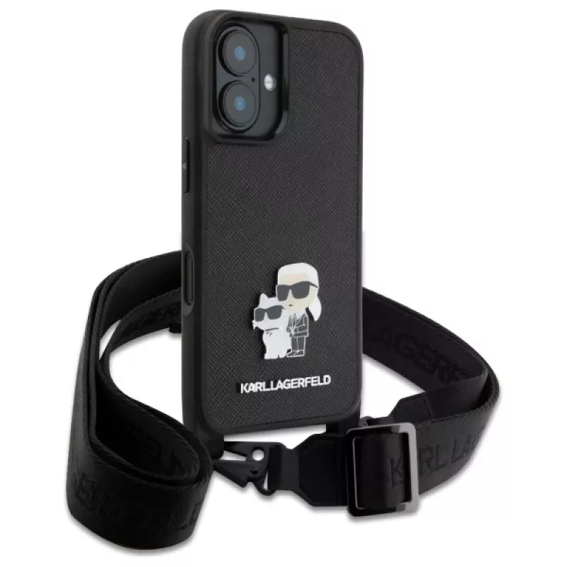 Karl Lagerfeld Saffiano Karl & Choupette Metal Pin CBDY Strap Custodia rigida per iPhone 16 6.1, nero
