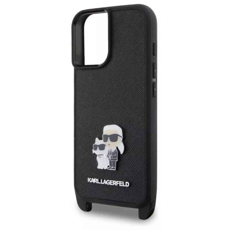 Karl Lagerfeld Saffiano Karl & Choupette Metal Pin CBDY Strap Custodia rigida per iPhone 16 6.1, nero