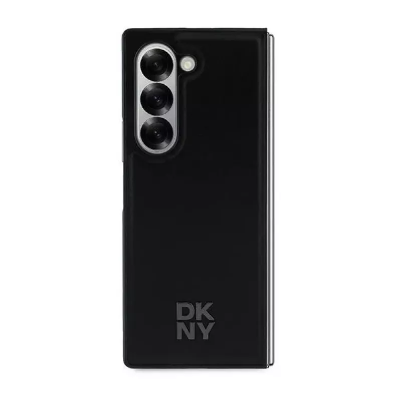 DKNY DKHMZFD6PSMCSLK Z Fold6 F956 Cover posteriore in pelle nera MagSafe Plain Leather Metal Stack Logo