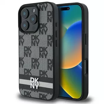 DKNY DKHCP16LPCPTSSK Custodia rigida per Apple iPhone 16 Pro 6,3 pollici nero motivo a scacchi e strisce stampate
