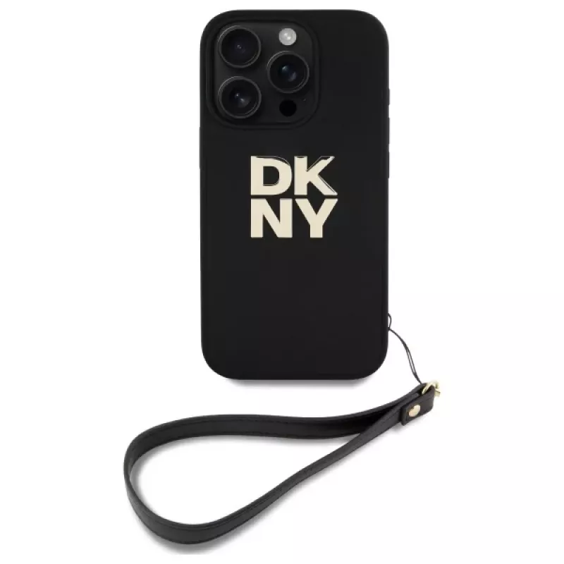 DKNY DKHCP16LPBSWSK iPhone 16 Pro 6,3 pollici custodia rigida nera con cinturino da polso e Stock Logo