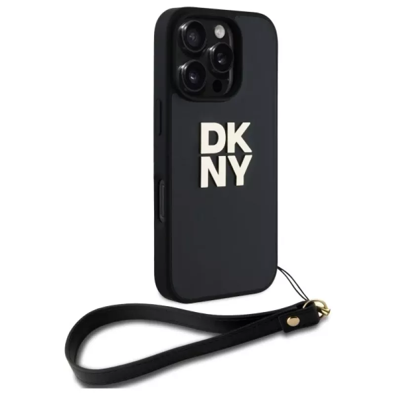 DKNY DKHCP16LPBSWSK iPhone 16 Pro 6,3 pollici custodia rigida nera con cinturino da polso e Stock Logo