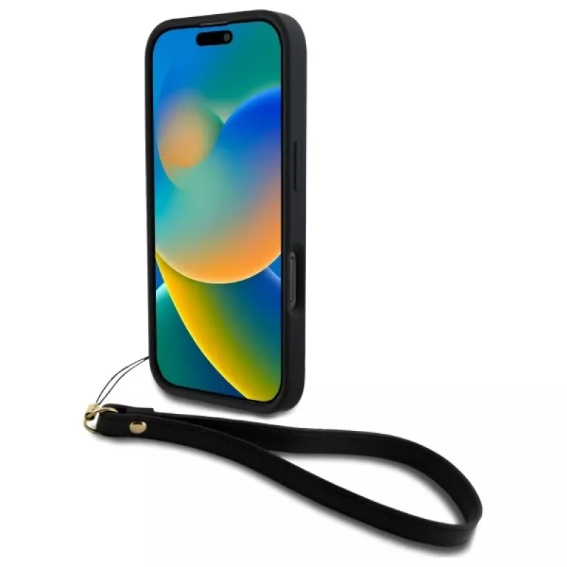 DKNY DKHCP16LPBSWSK iPhone 16 Pro 6,3 pollici custodia rigida nera con cinturino da polso e Stock Logo