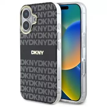 DKNY DKHMP16SHRHSEK Custodia rigida per Apple iPhone 16 6,1 pollici - nero con motivo texture ripetuto e strisce