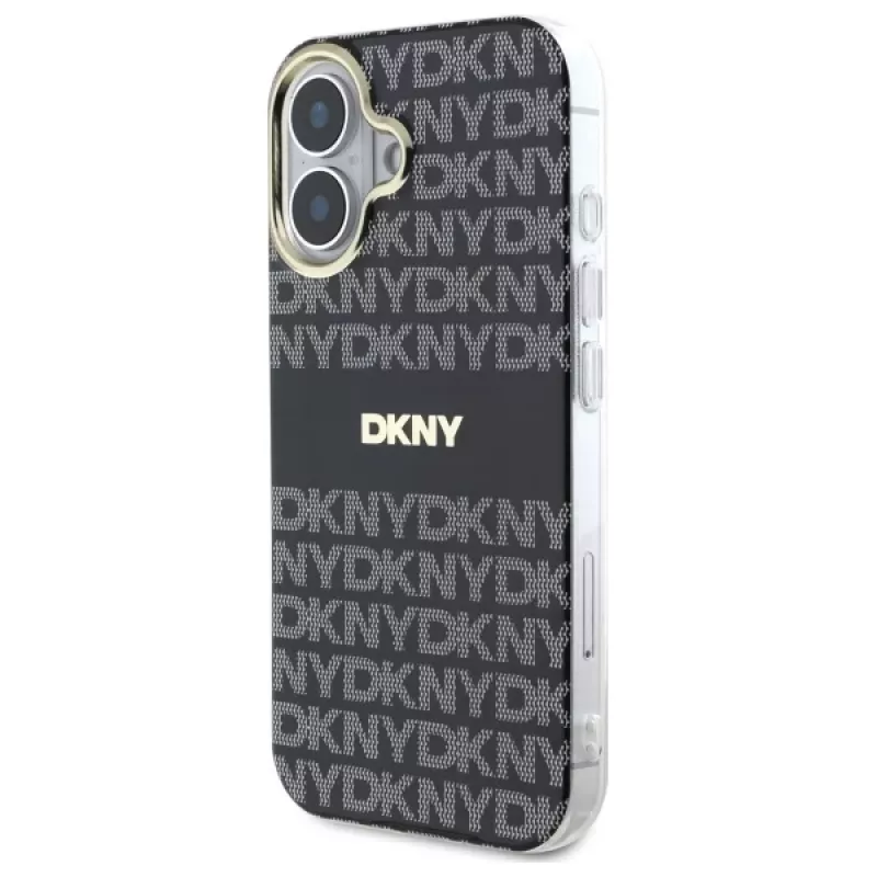 DKNY DKHMP16SHRHSEK Custodia rigida per Apple iPhone 16 6,1 pollici - nero con motivo texture ripetuto e strisce