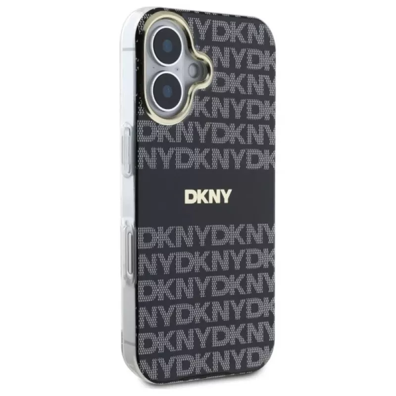 DKNY DKHMP16SHRHSEK Custodia rigida per Apple iPhone 16 6,1 pollici - nero con motivo texture ripetuto e strisce