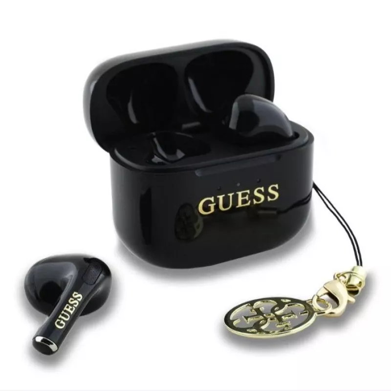 Guess Glossy Effect Printed Classic Logo & Charm auricolari TWS Bluetooth con custodia di ricarica (nero)