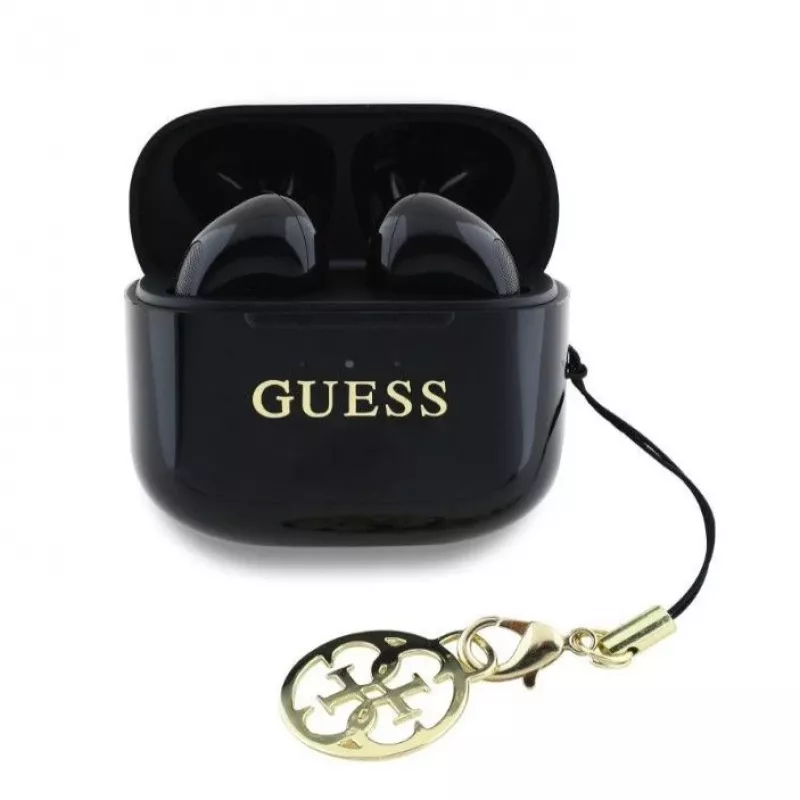 Guess Glossy Effect Printed Classic Logo & Charm auricolari TWS Bluetooth con custodia di ricarica (nero)