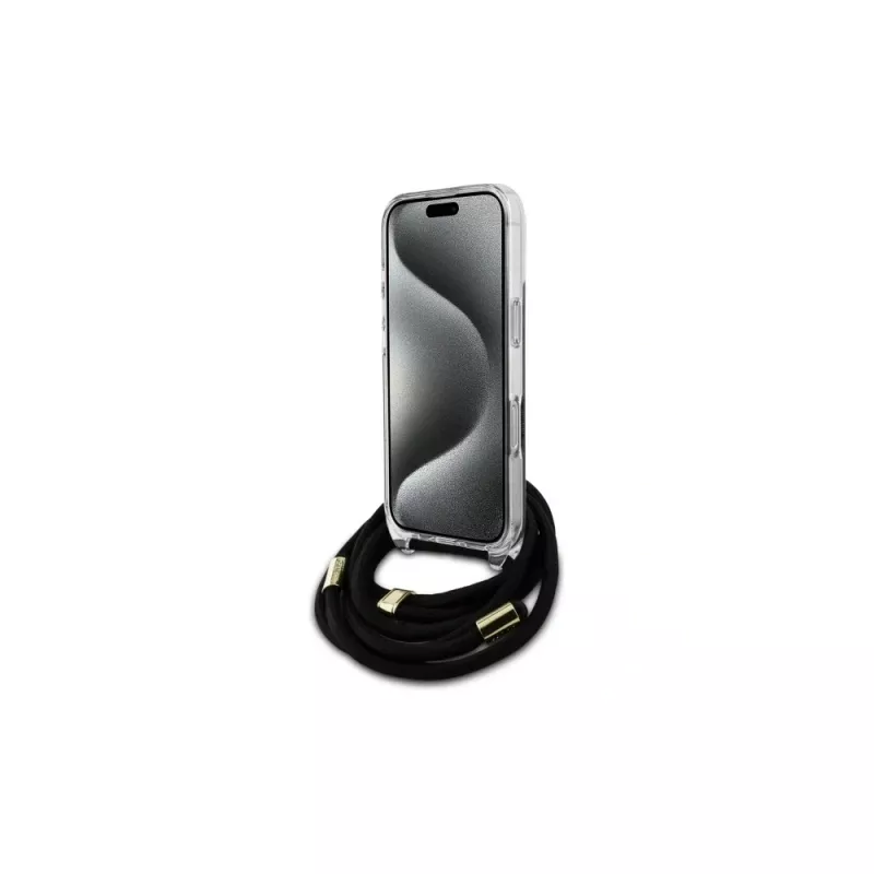 Guess GUHCP16LHC4SEK iPhone 16 Pro custodia rigida Crossbody Cord 4G Print nero