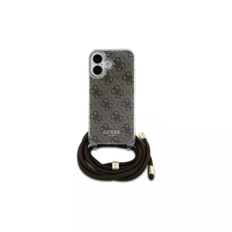 Guess GUHCP16SHC4SEW iPhone 16 6.1 custodia rigida Crossbody Cord 4G Print marrone