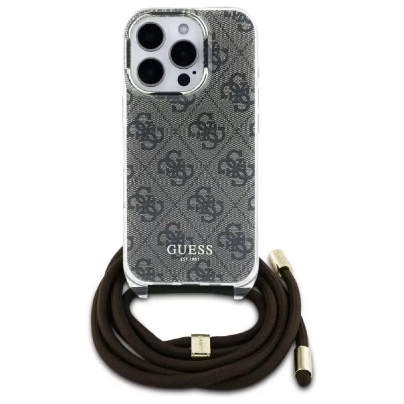 Guess GUHCP16LHC4SEW iPhone 16 Pro custodia rigida Crossbody Cord 4G Print marrone