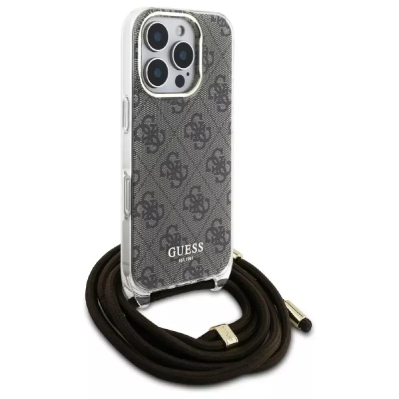 Guess GUHCP16LHC4SEW iPhone 16 Pro custodia rigida Crossbody Cord 4G Print marrone