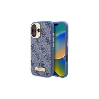 Guess GUHMP16SU4GPRB iPhone 16 6.1 custodia rigida blu 4G Logo Plate MagSafe