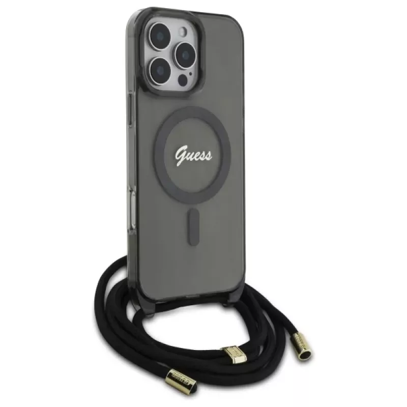 Guess GUHMP16LHCTSGNSK iPhone 16 Pro 6.3 custodia rigida Crossbody Cord Script MagSafe nero