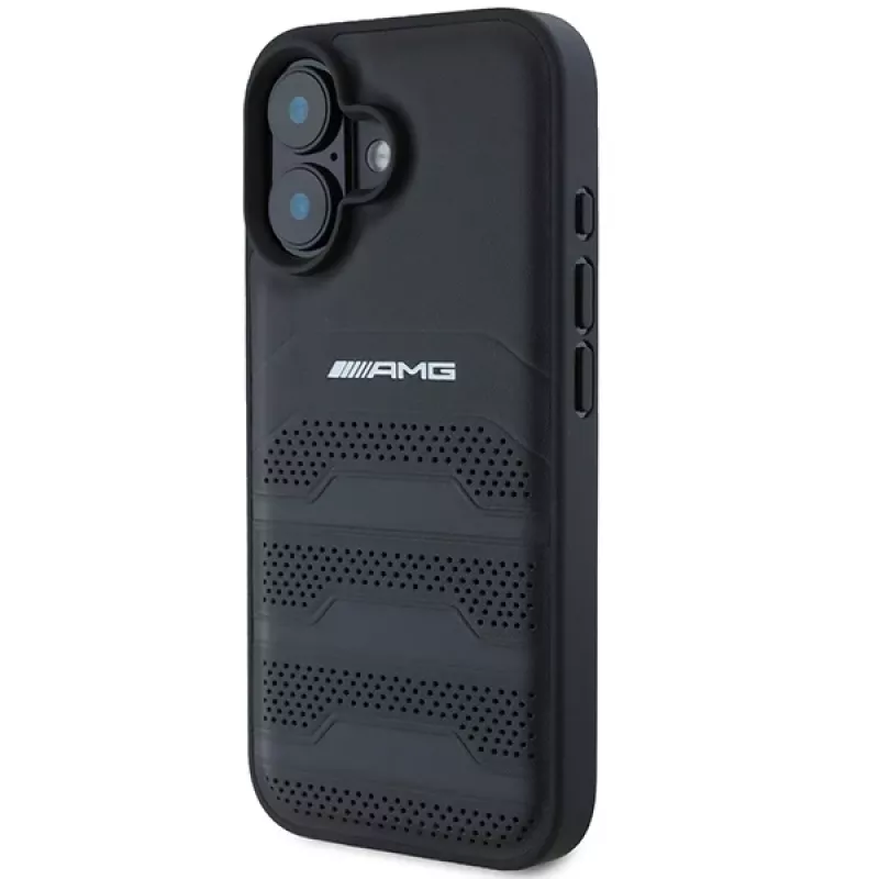AMG AMHCP16SGSEBK iPhone 16 6,1 inch custodia rigida in pelle nero con linee in rilievo logo nero