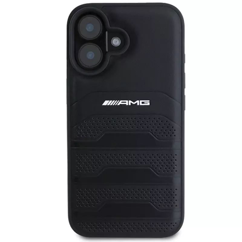 AMG AMHCP16SGSEBK iPhone 16 6,1 inch custodia rigida in pelle nero con linee in rilievo logo nero