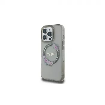 Guess GUHMP16LHFWFCK iPhone 16 Pro custodia rigida IML Flowers Wreath MagSafe nero