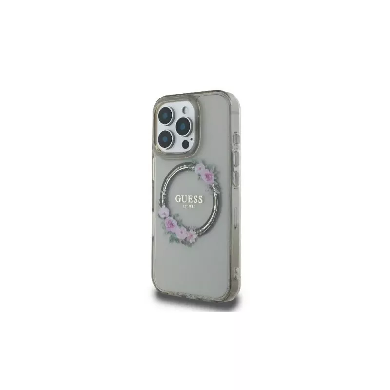 Guess GUHMP16LHFWFCK iPhone 16 Pro custodia rigida IML Flowers Wreath MagSafe nero