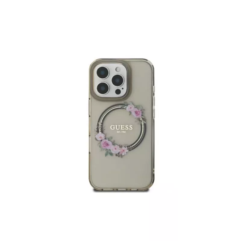 Guess GUHMP16LHFWFCK iPhone 16 Pro custodia rigida IML Flowers Wreath MagSafe nero